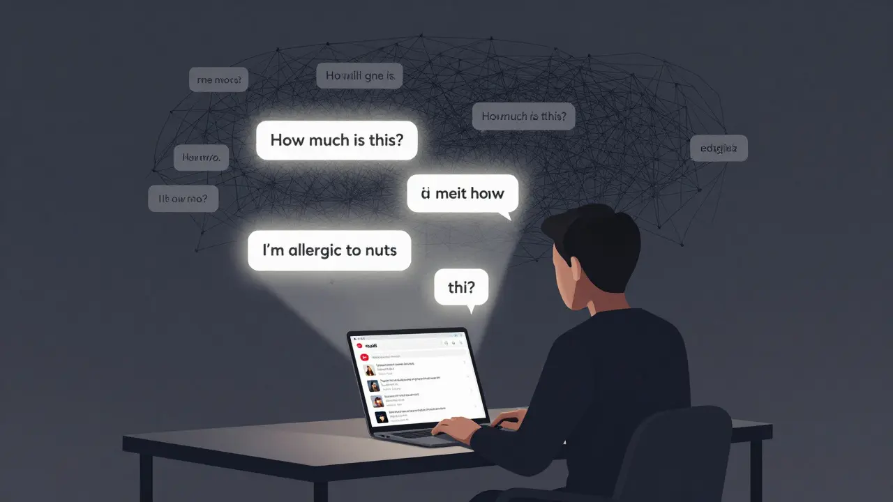 Osoba před počítačem, kolem ní plavou anglické fráze jako 'How much is this?' a 'I’m allergic to nuts'.