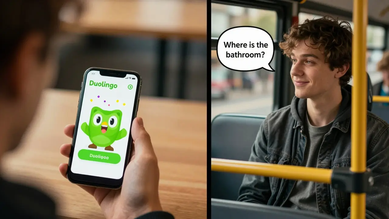Person at a café using Duolingo, then on a bus recognizing a phrase they learned.