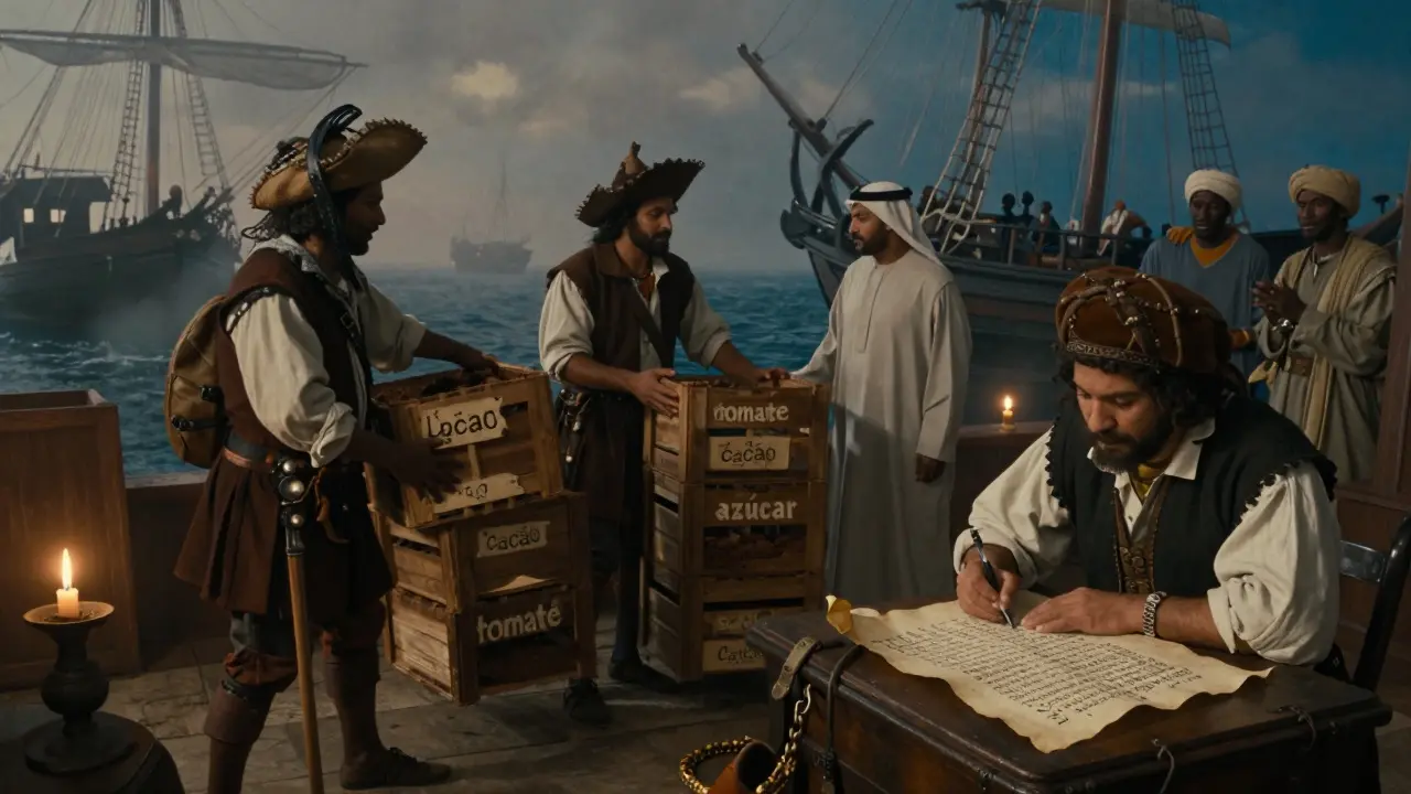 Plně živý přístav v Seville, kde obchodníci z Evropy, Ameriky a Afriky vyměňují zboží s španělskými slovy.