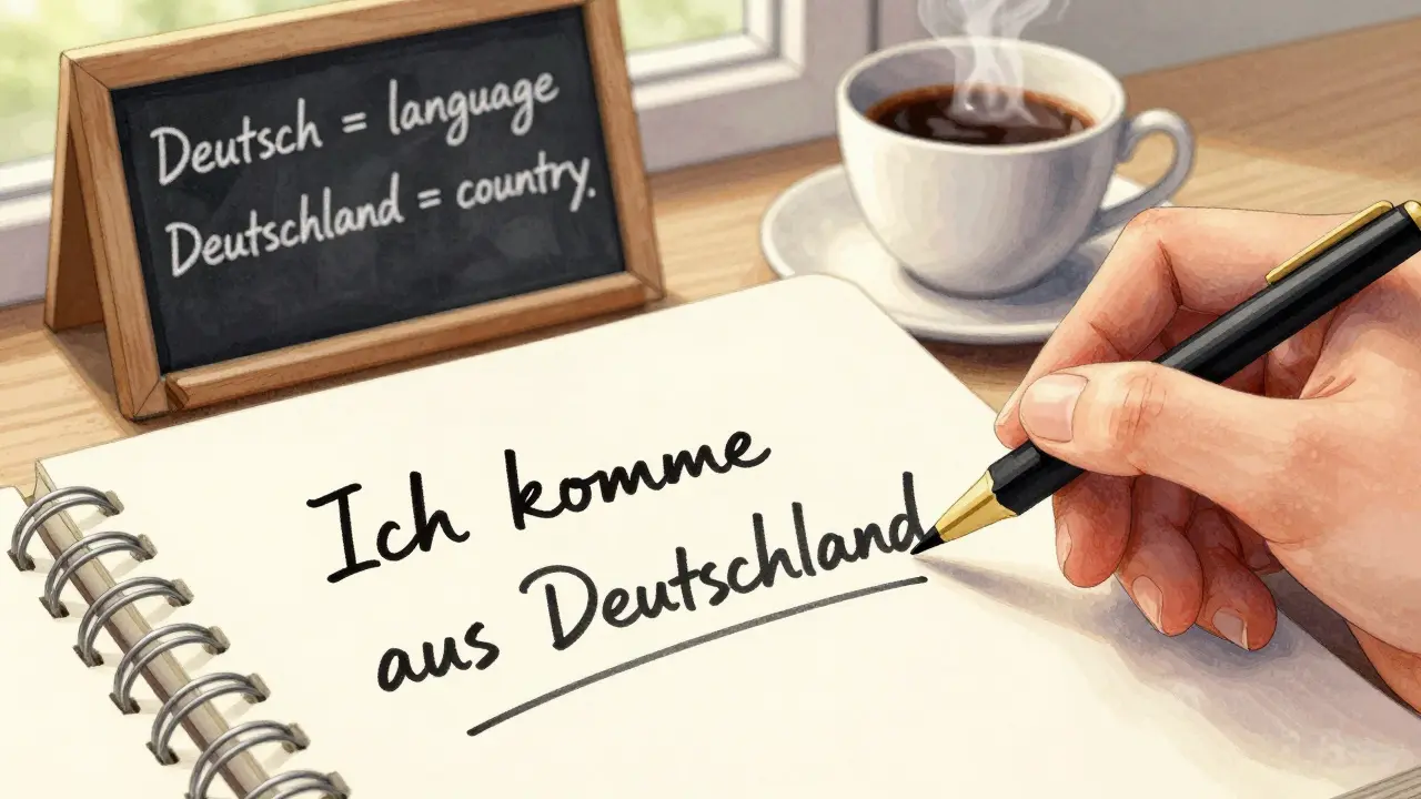 Ruka píše 'Ich komme aus Deutschland' na sešitě, za ní částečně viditelná tabule s rozdílem mezi 'Deutsch' a 'Deutschland'.