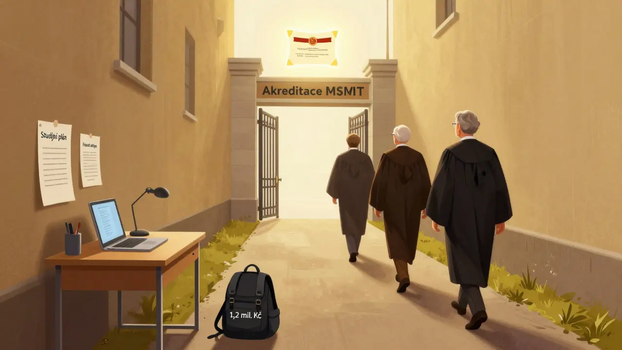 Symbolická cesta od přípravy dokumentů k akreditaci vysoké školy s akademiky a finančními zdroji.