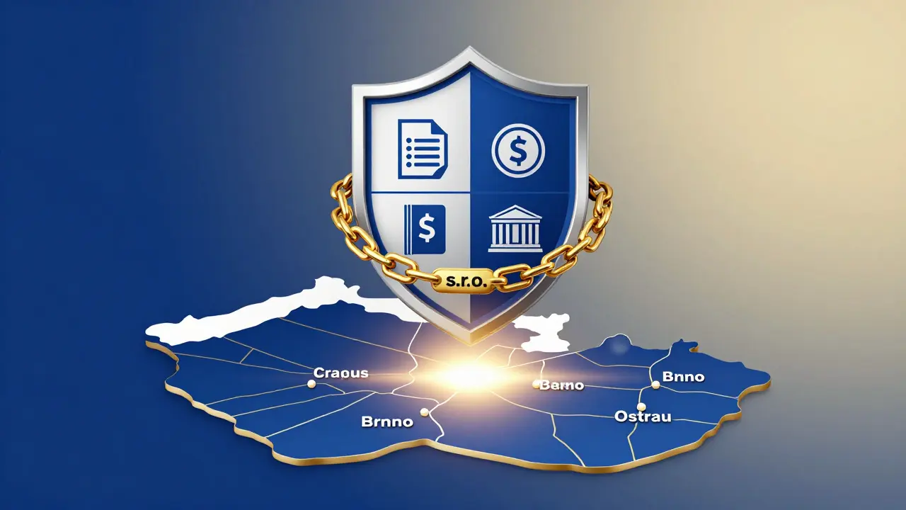 Symbolický štít s atributy právnické osoby nad mapou České republiky.