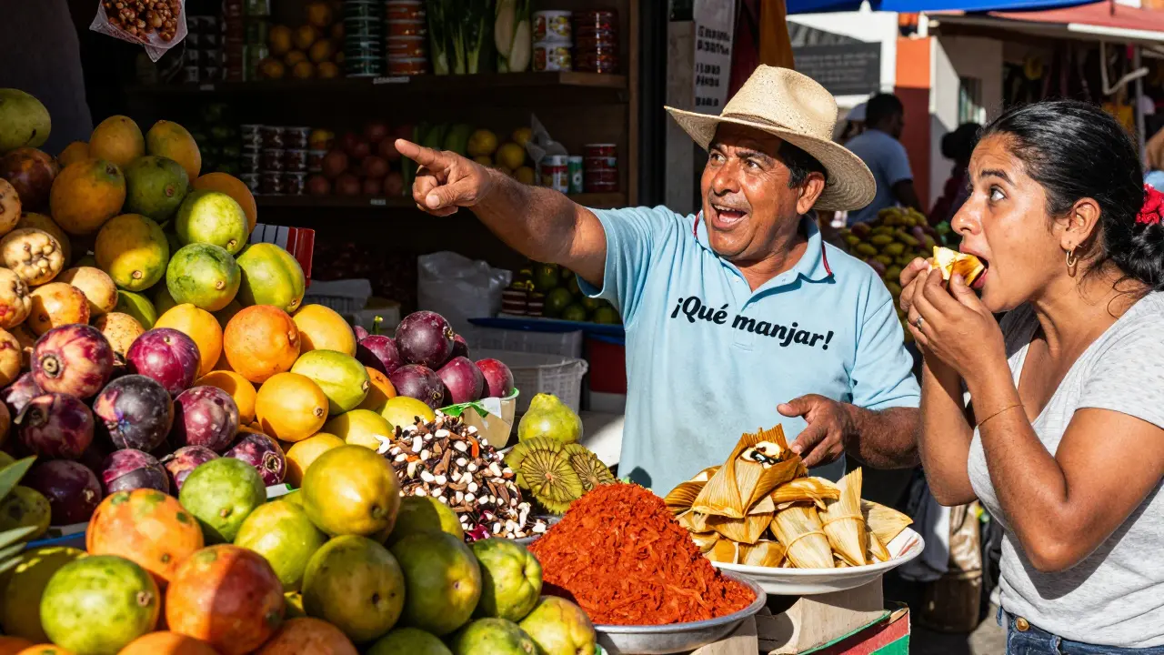 Trh s chutnými jídly, prodavač ukazuje na jídlo a zákazník ho chutná s radostí.