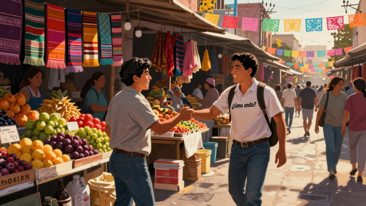 Trh v Mexiku: prodavač se ptá zákazníka 'Jak se máš?' s přívětivým úsměvem