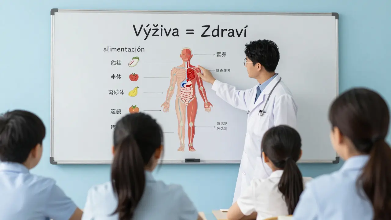 Učitel v třídě vysvětluje dětem pojem výživa pomocí diagramu těla.