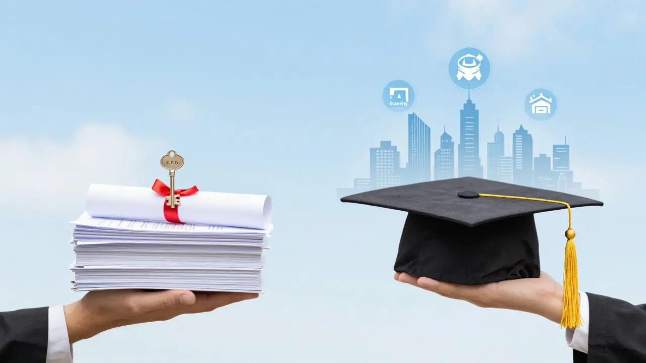 Váha legitimní vysoké školy: dokumenty a titul na jedné straně, student a moderní obory na druhé.