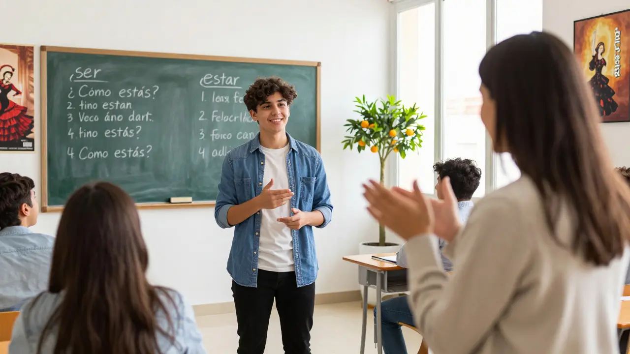 Žák odpovídá učiteli na španělské třídě, jak se cítí, s viditelnými výukovými tabulemi