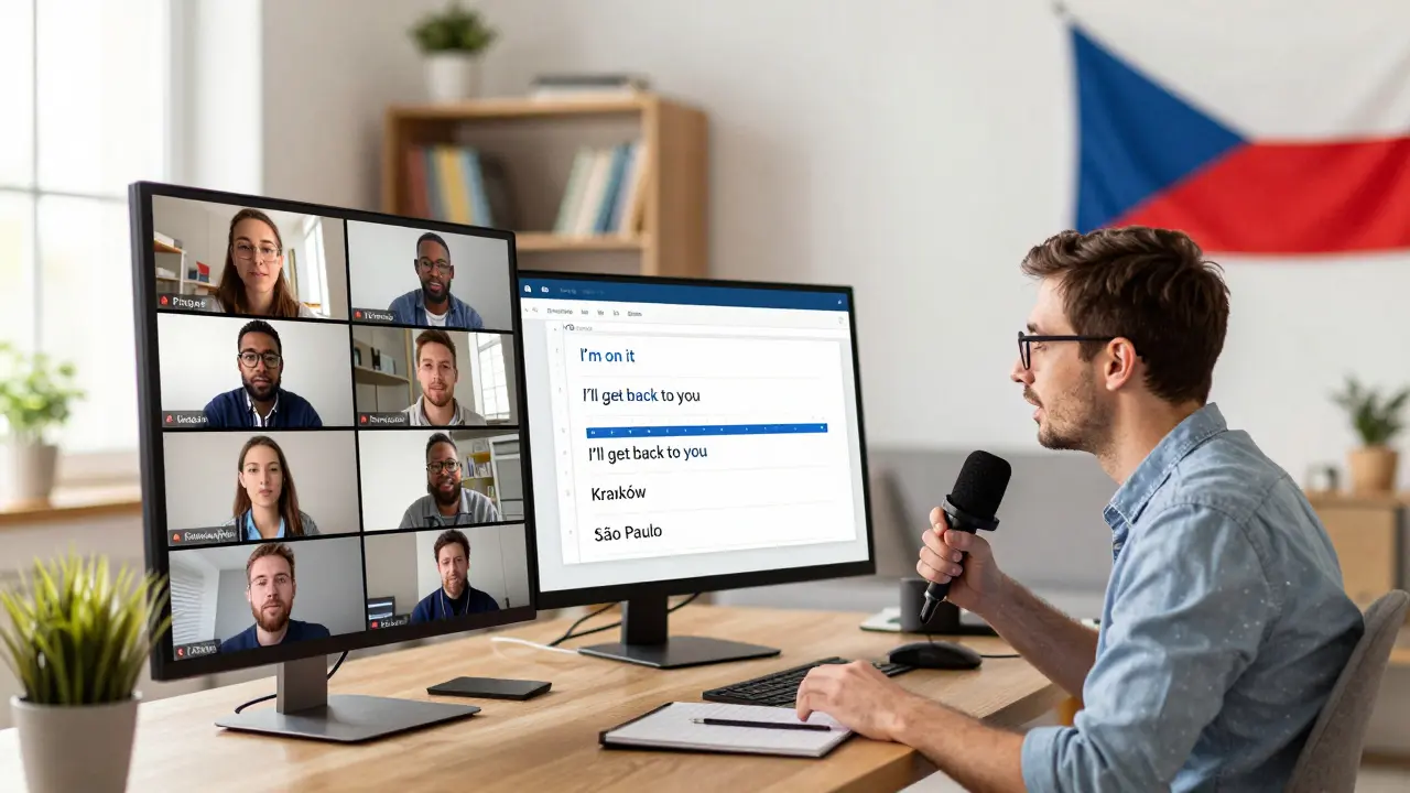Zoom schůzka s mezinárodním týmem, český pracovník mluví anglicky přes počítač.