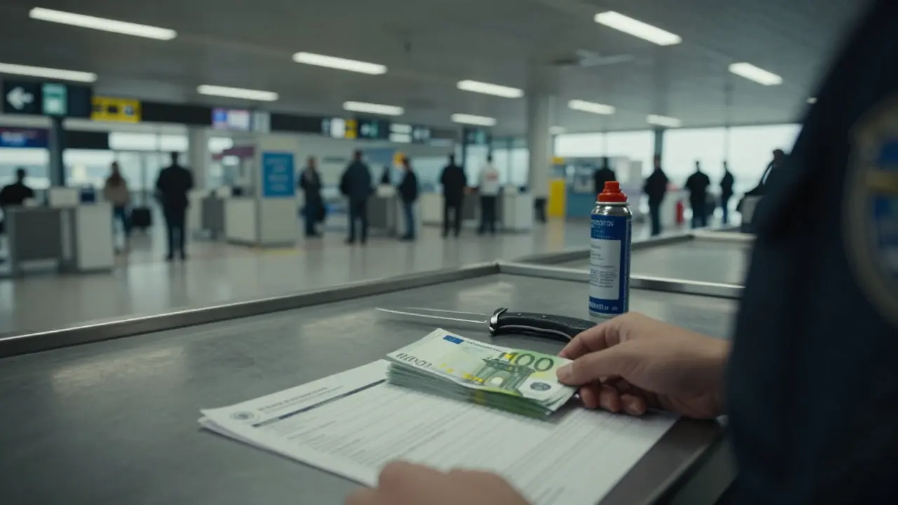 Celní kontrola hotovosti, nože a pepřového spreje na letišti