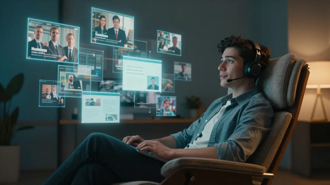 Člověk s headphones v imerzivním prostředí kombinující seriály a business kurzy.