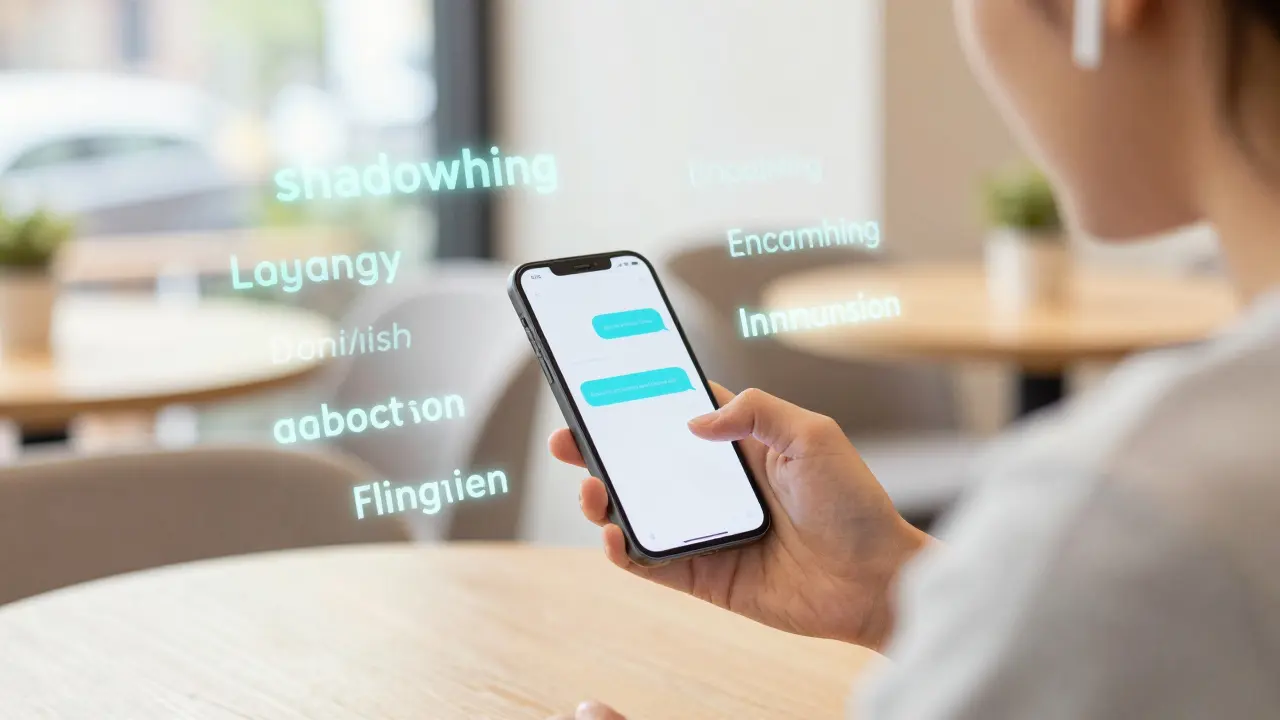 Člověk v kavárně využívající AI aplikaci a sluchátka k tréninku anglického poslechu.
