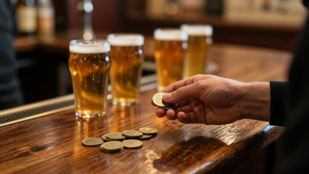 Detail předávání změny za barem v tradičním britském pubu.