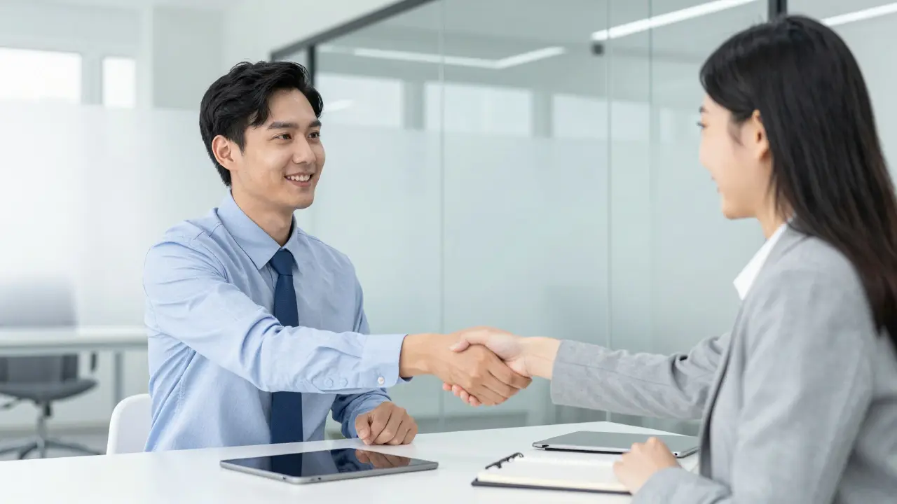 Dva kolegové v moderní kanceláři si s uznáním podávají ruce.