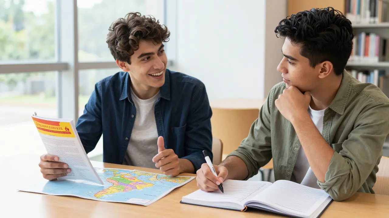 Dva studenti studující španělštinu a němčinu v moderní knihovně.