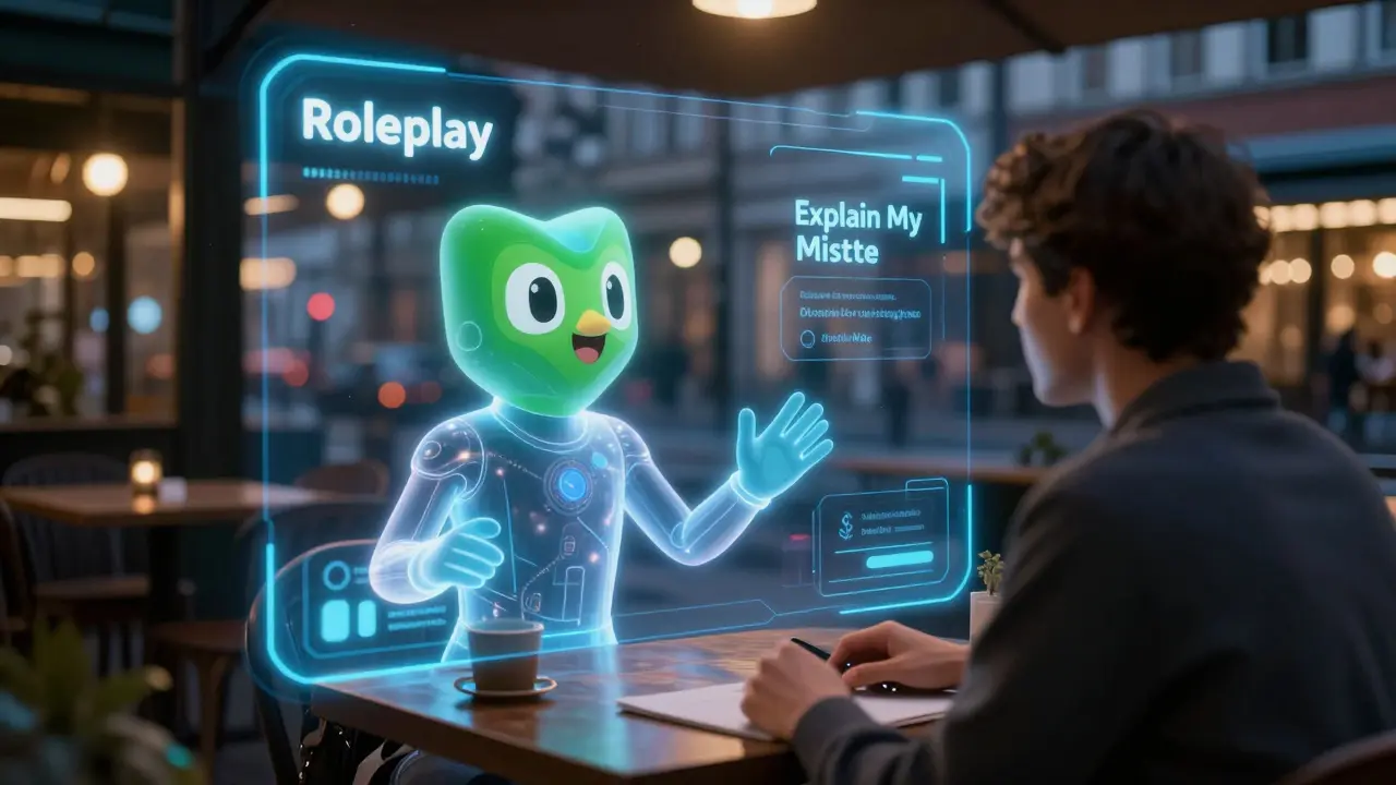 Futuristická simulace AI konverzace v berlínské restauraci pro pokročilé studium jazyka.