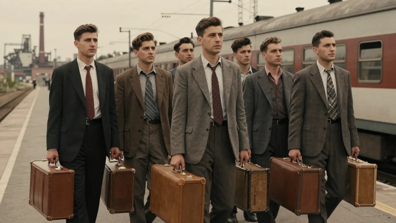 Historická fotografie tureckých Gastarbeiterů na vlakovém nádraží v roce 1961.