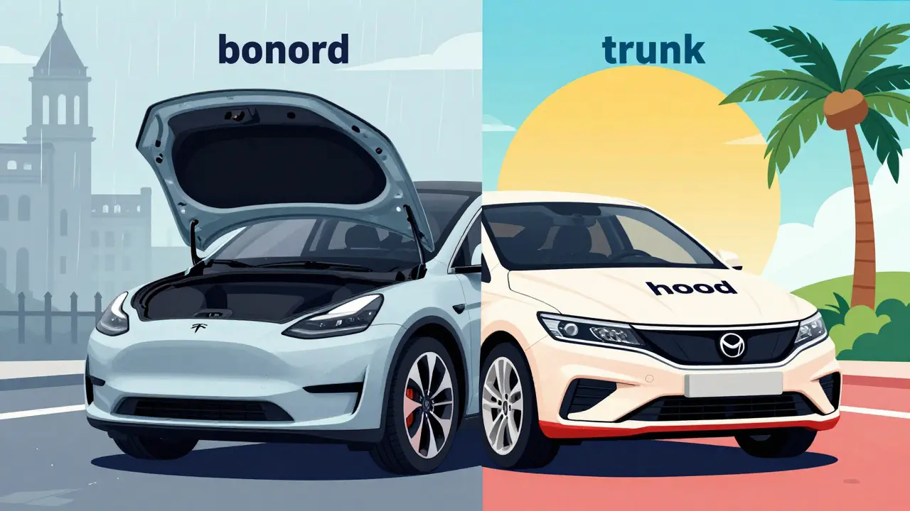 Ilustrace rozdílů mezi britskými a americkými názvy pro kufr a kapotu auta.