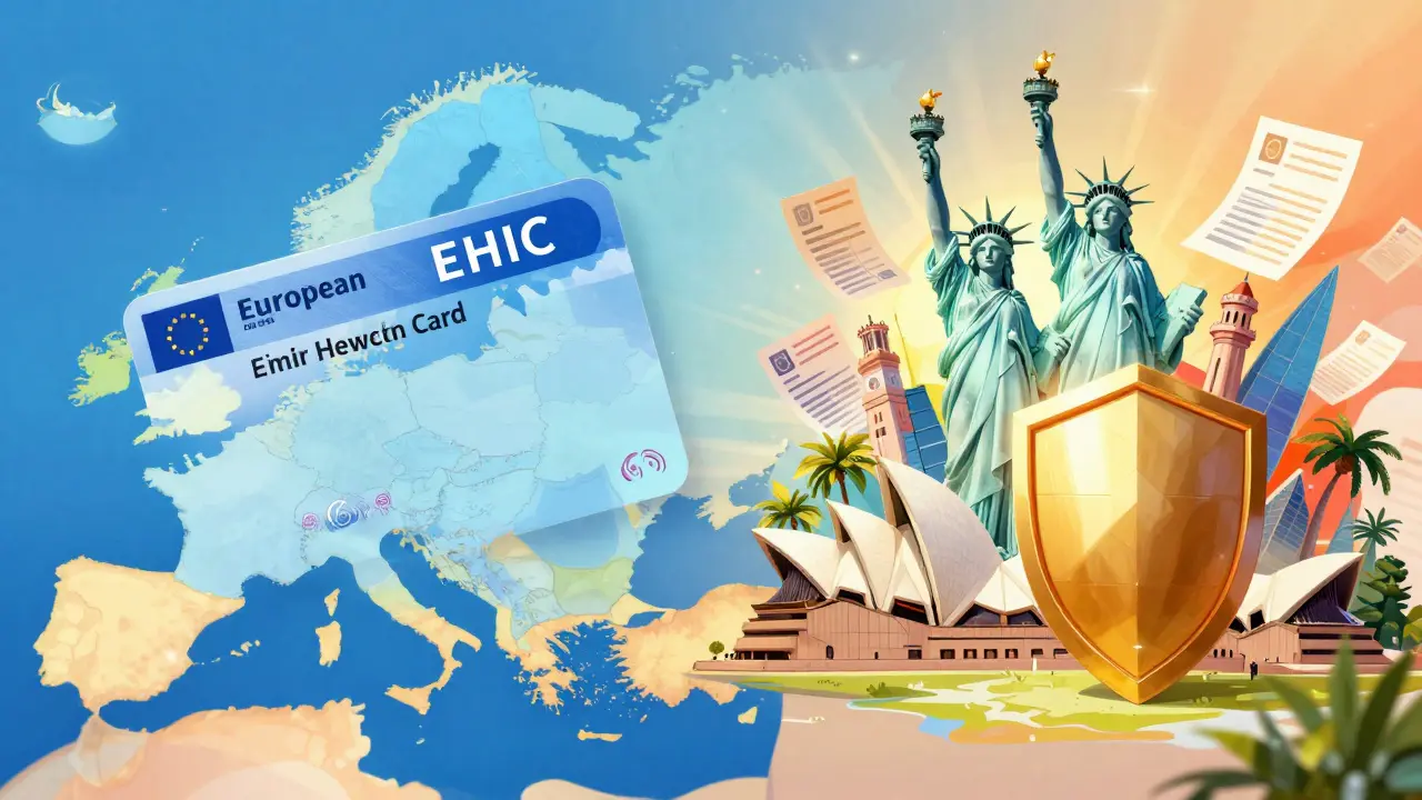 Karta EHIC a symboly mezinárodního studia v USA a Austrálii.