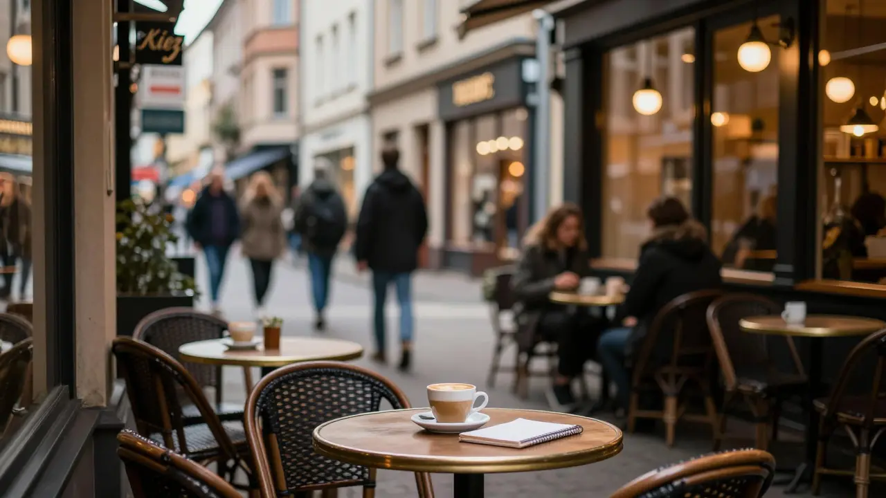 Kavárna v berlínské čtvrti Kreuzberg s atmosférou městského života.