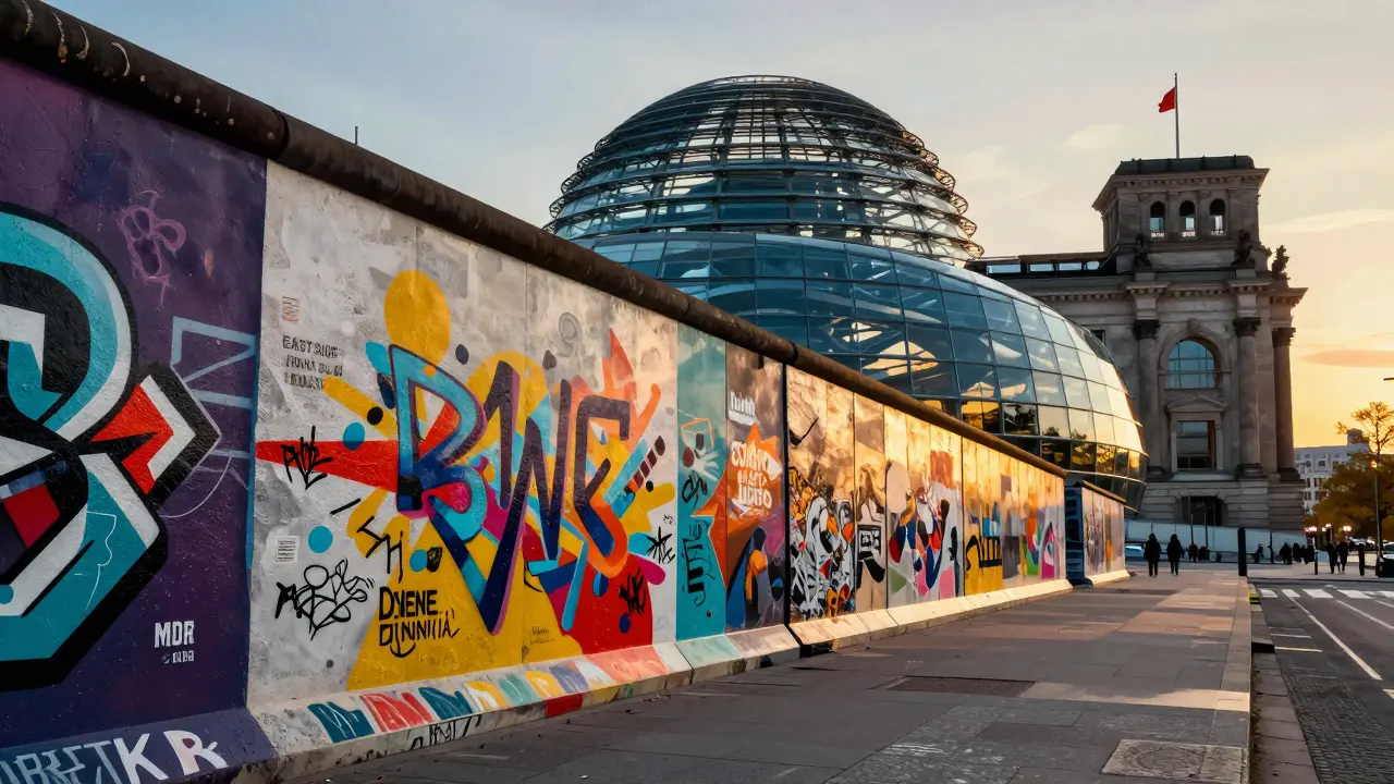 Kolaž kombinující Berlínskou zeď a moderní architekturu Reichstagu.