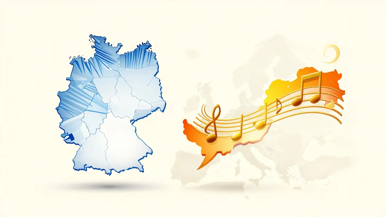 Konceptuální ilustrace znázornující rozdíl mezi tvrdou výslovností z severu a melodickou z Rakouska.