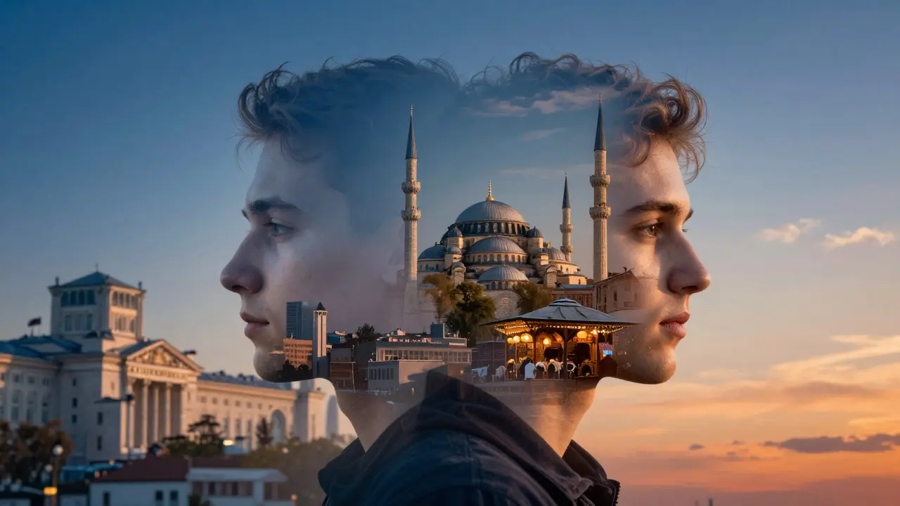 Konceptuální obraz znázornující dvojí německo-tureckou identitu mladého člověka.