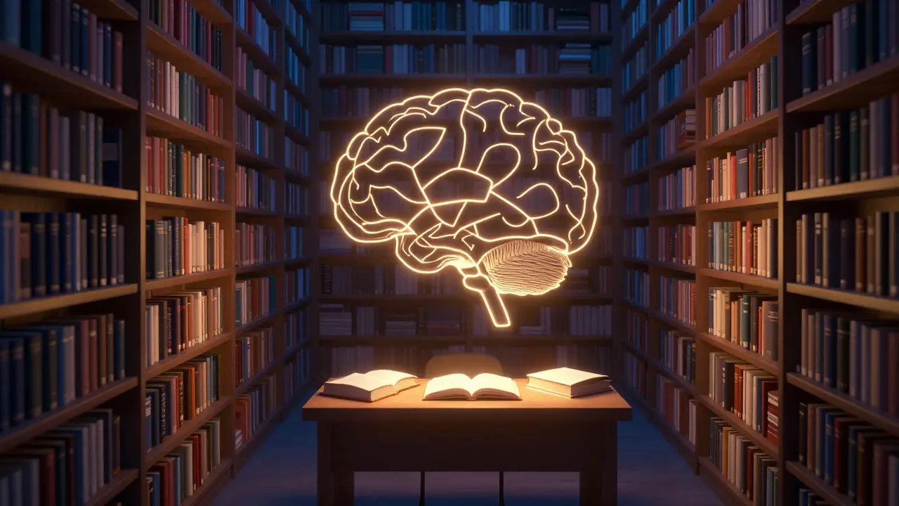 Konceptuální znázornění pasivní a aktivní slovní zásoby jako obrovská knihovna a stůl s knihami.