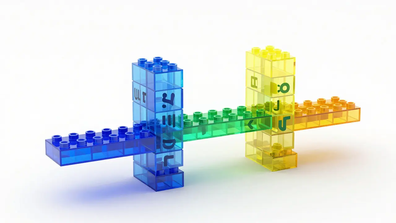 Konceptuální znázornení tvorby slov v esperantu pomocí barevných stavebních kostek.