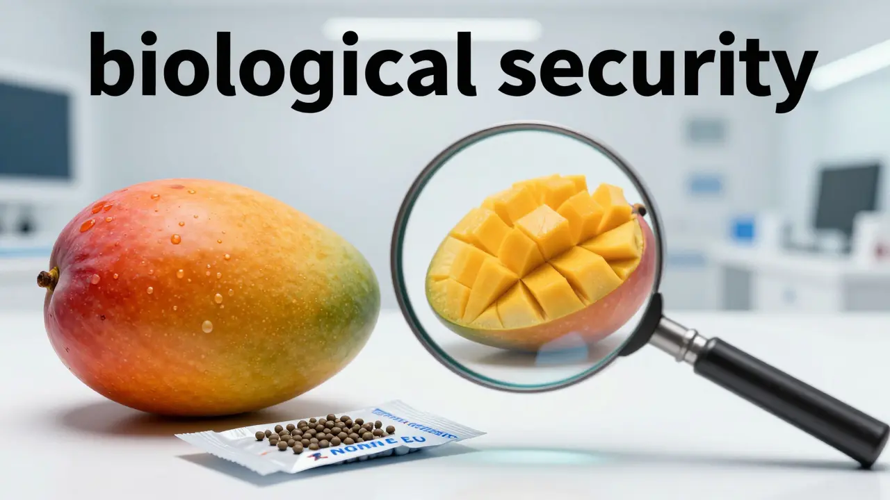 Konceptuální zobrazení zakázaného exotického ovoce a semen na hranicích