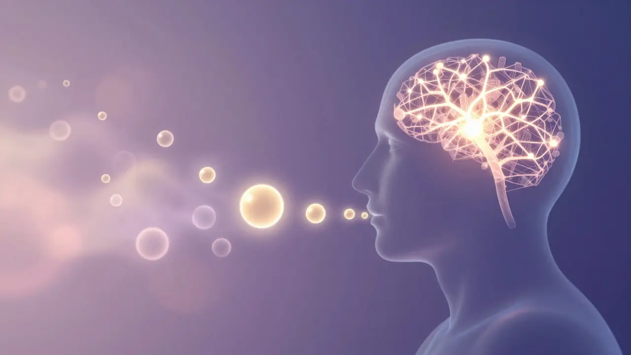 Kresba lidské siluety s osvětlenou neuronovou sítí v mozku a proudem světelných bublin symbolizujících řeč.