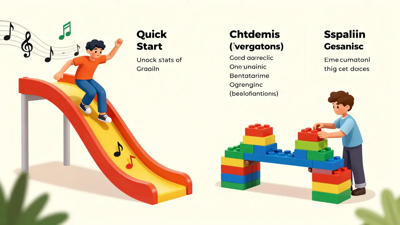 Metafora studia španělštiny jako plynulého pohybu a němčiny jako skládání komplexního puzzle.