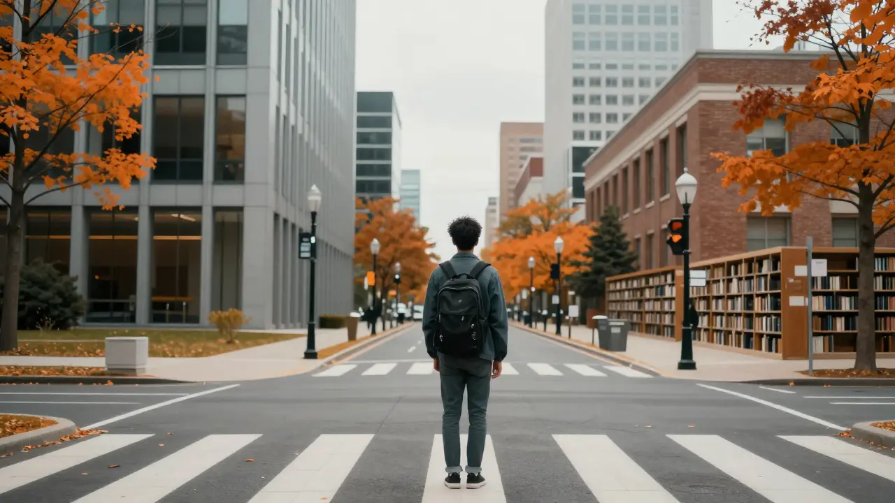  Mladý dospělý student před volbou mezi prací a dalším studiem.