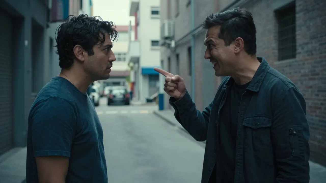 Napjatá konfrontace dvou mužů v městské uličce