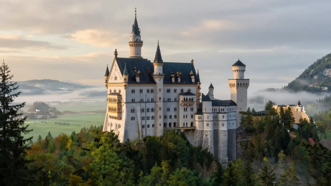 Pohádkový hrad Neuschwanstein uprostřed hustých zelených lesů.