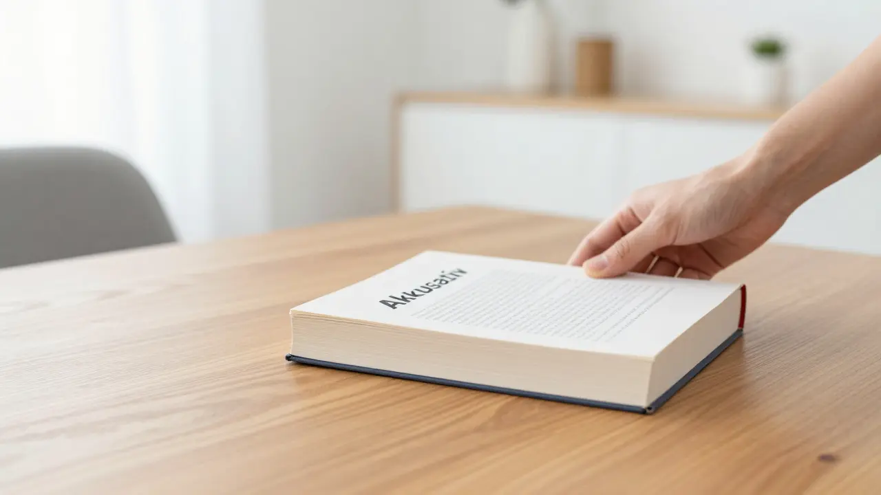 Ruka pokládající knihu na stůl, znázornující pohyb a směr.