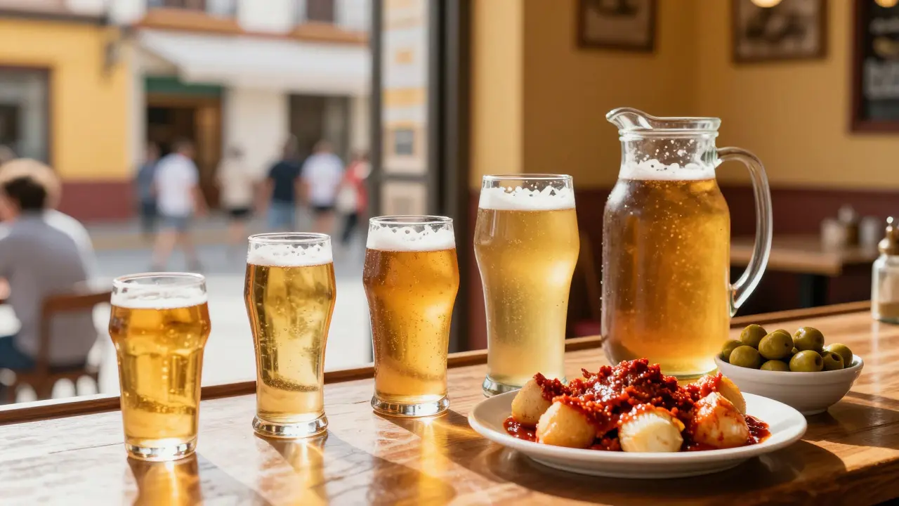 Různé velikosti španělského piva doprovázené Patatas Bravas a olivami.