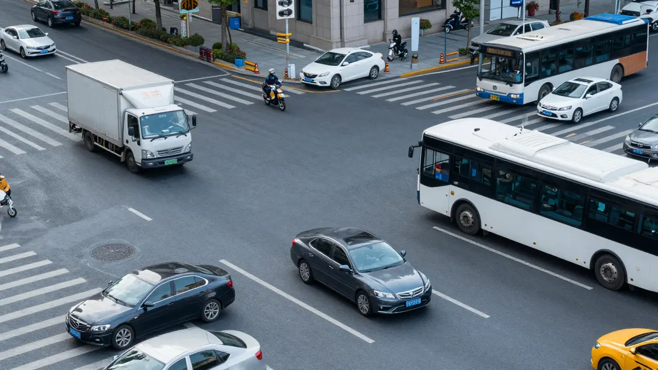 Různý typy dopravních prostředků, včetně aut, kamionů a autobusů v městském provozu.