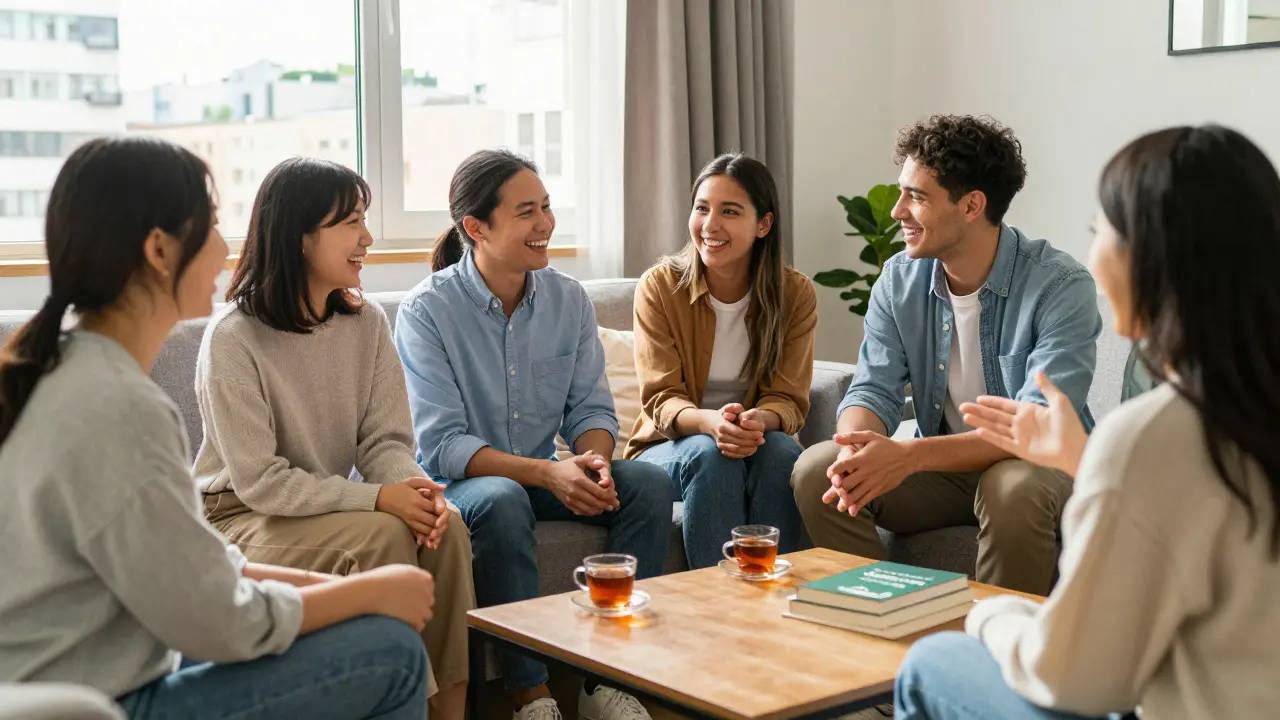Skupina lidí různých národností v přátelském rozhovoru v domácím prostředí.