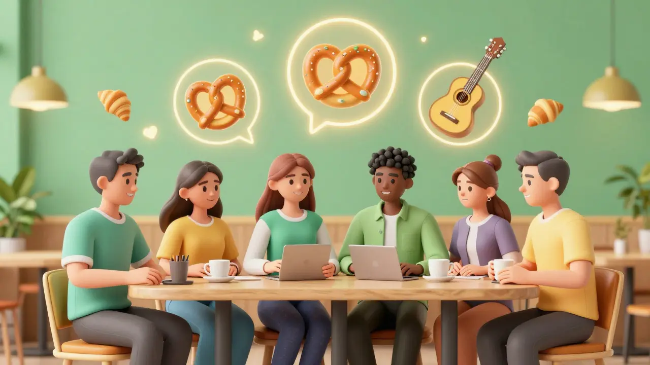 Skupina šesti přátel v kavárně symbolizující sdílený rodinný plán pro studium jazyků.