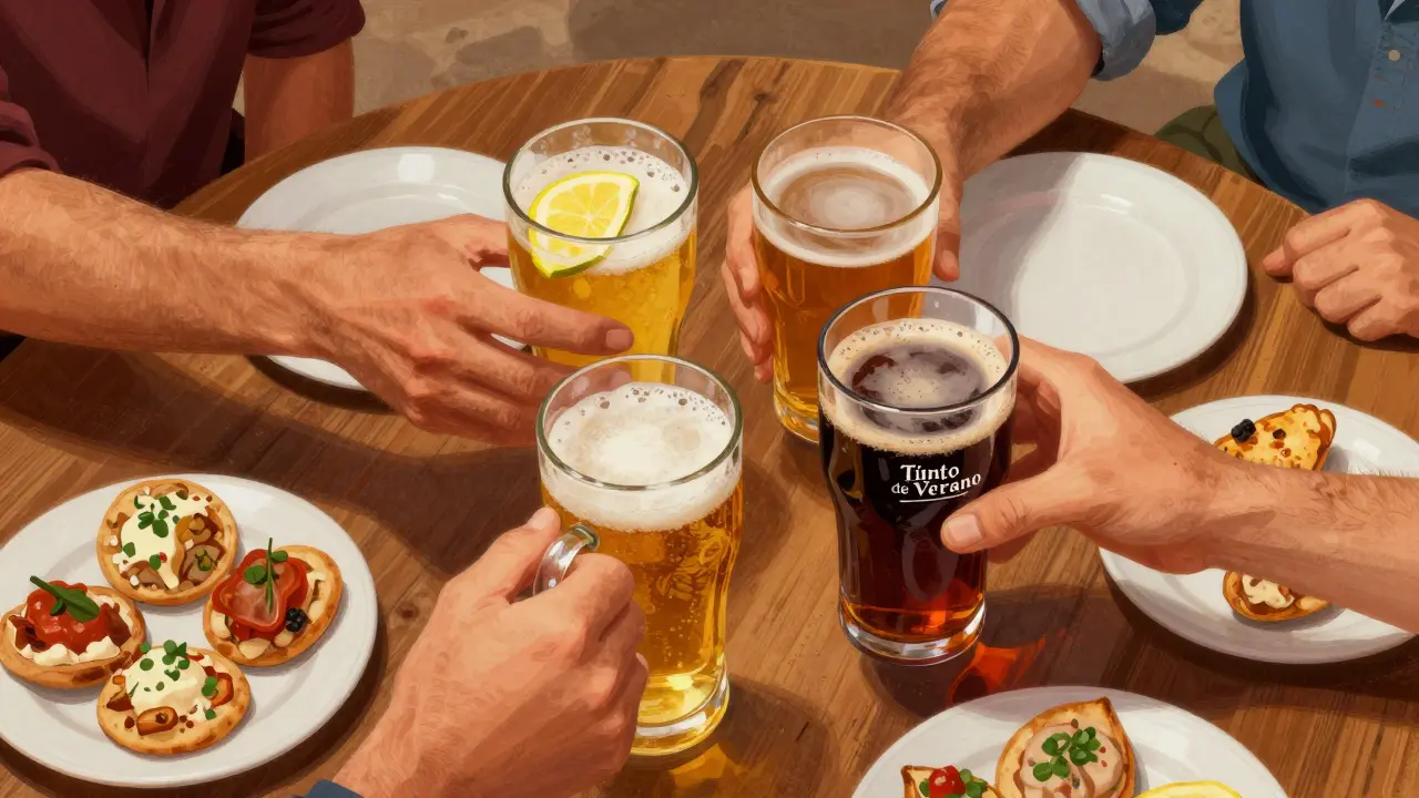 Společná místa s pivem, clarou a tapas na rustikálním stole.