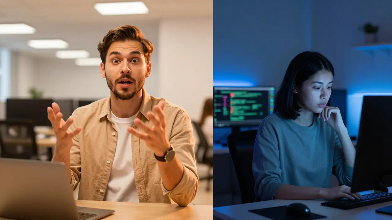 Srovnání extrovertního profesionála v energické kanceláři a introvertního programátora v klidném prostředí.