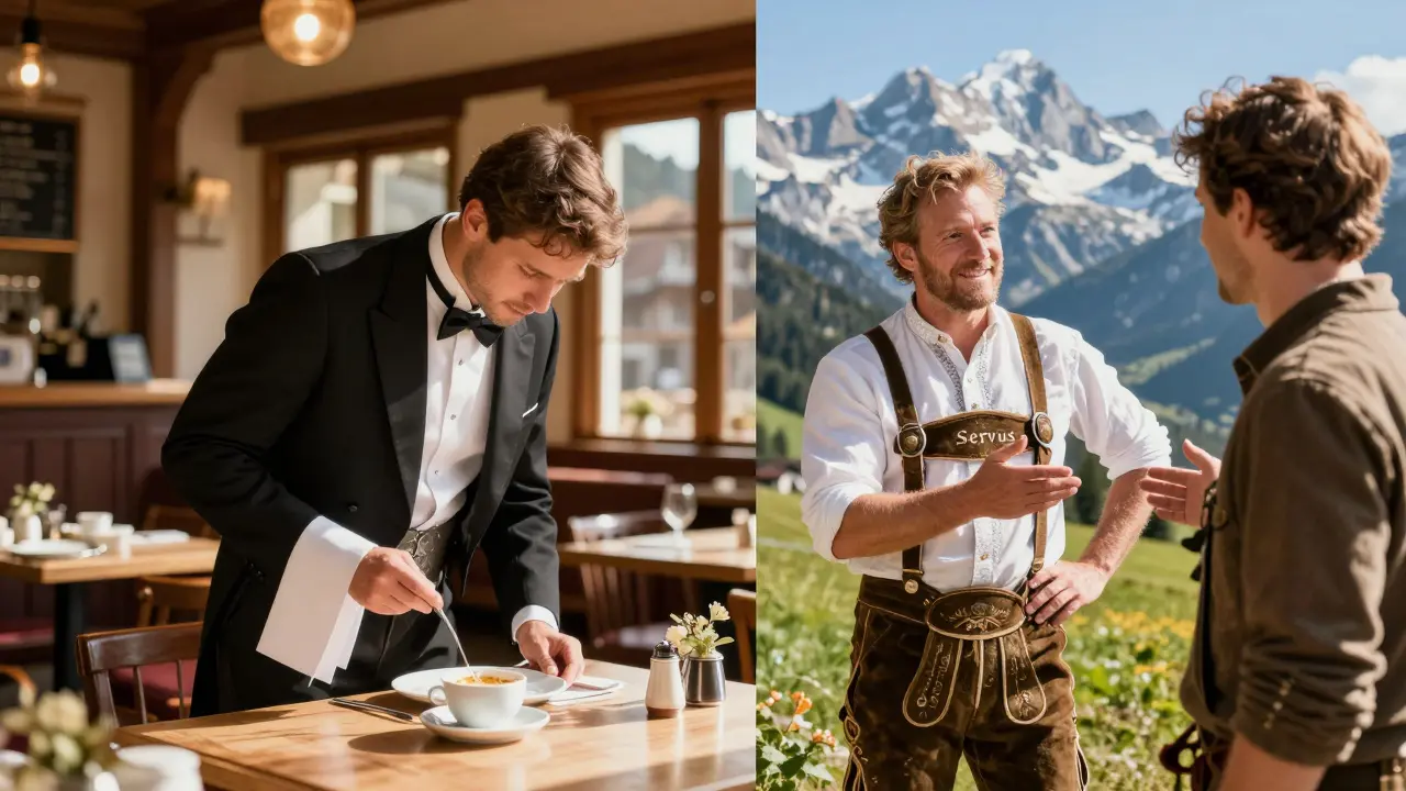 Srovnání formálního prostředí vídeňské kavárny a neformálního pozdravu v tyrolských Alpách.