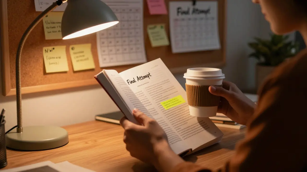 Student se intenzivně připravuje na poslední pokus zkoušky při lampě.