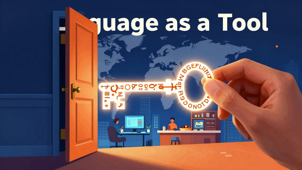 Symbolický klíč z anglických písmen otevírající dveře k novým globálním příležitostem.