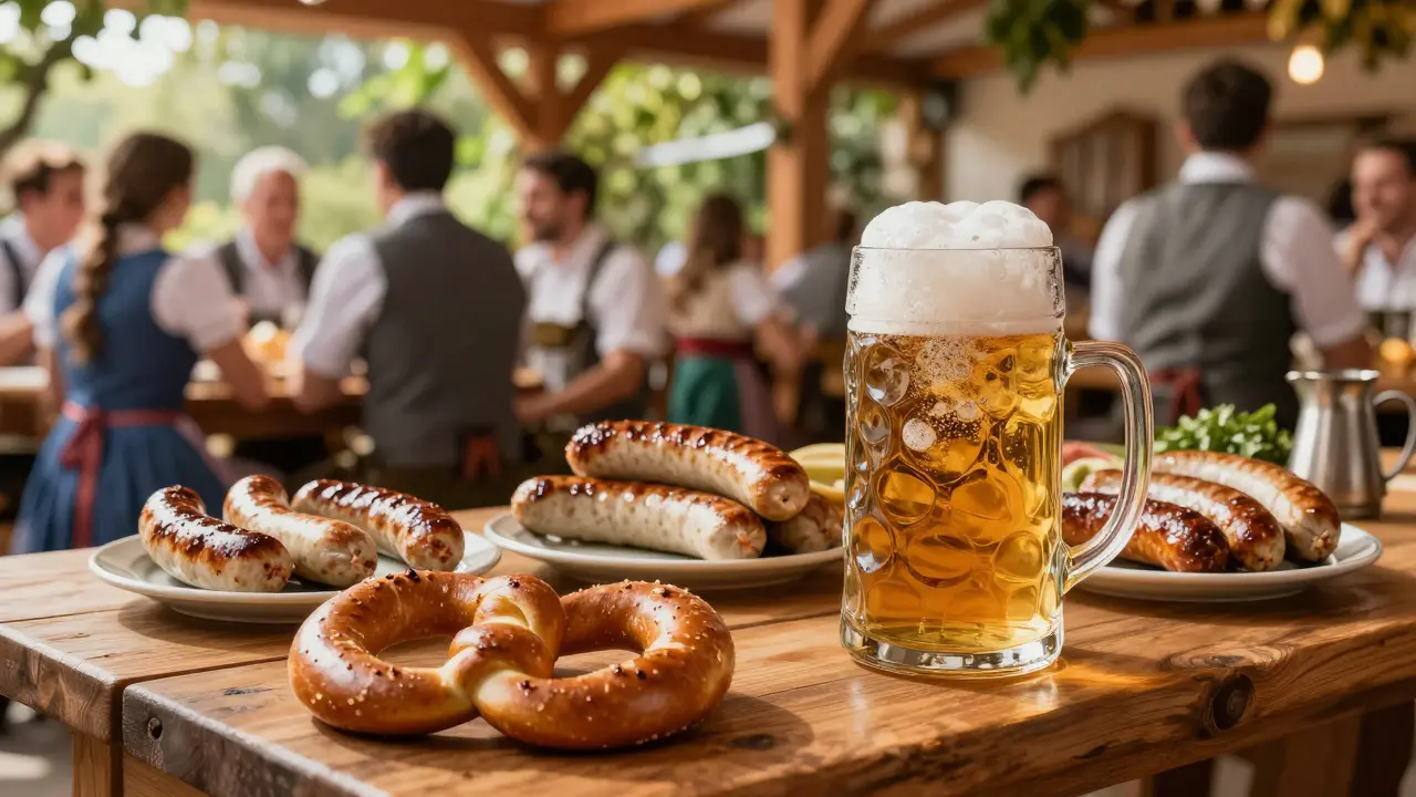 Tradiční bavorská jídla, klobásy a pivo v útulném pivovaru.