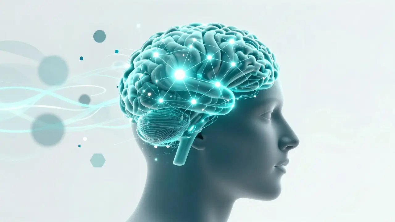 Umělecký obraz mozku jako sítě neurálních spojení při aktivaci slov.