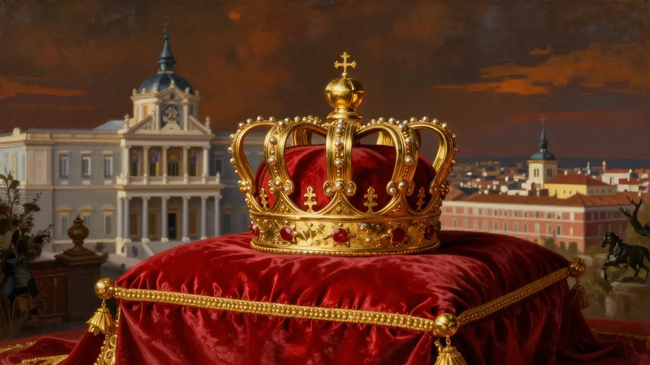 Zlatá koruna jako symbol španělské monarchie a státní jednoty.