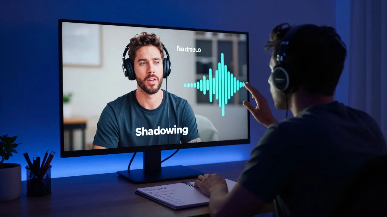 Člověk cvičí výslovnost metodou Shadowing s headphony doma večer.