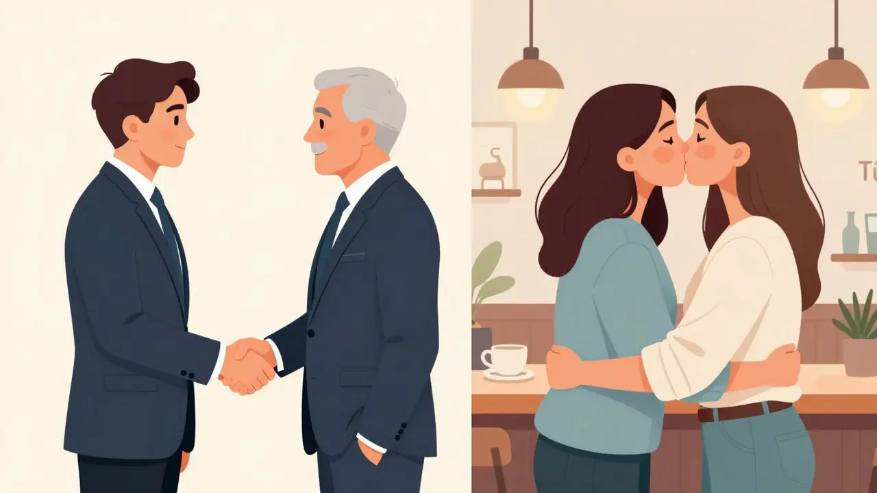 Ilustrace srovnávající formální ruku a neformální objetí při pozdravu