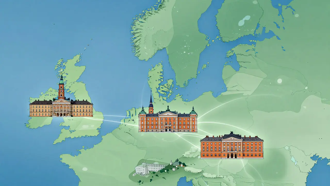 Konceptuální ilustrace rozložených dánských královských sídel na mapě Dánska.